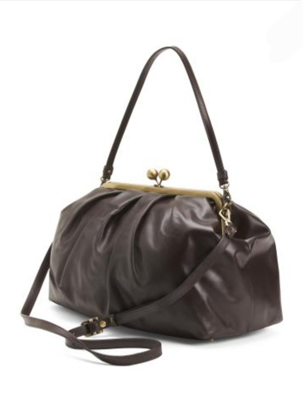 Structured Brown Frame-Top Shoulder Bag with Gold Hardware